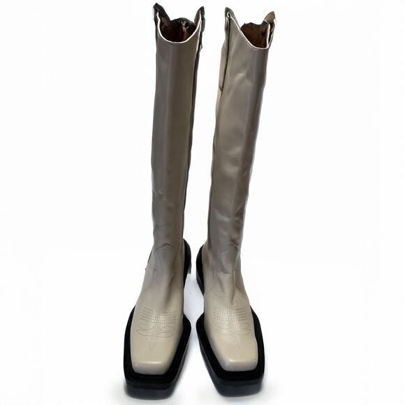 ALOHAS Cattle Cowboy Leather Squre Toe Tall Boots in Ivory Size 7-7.5 - Picture 5 of 16